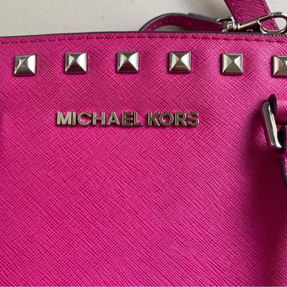 Michael Kors Fuchsia Pink Leather Medium Size Studded Satchel - Picture 11 of 12